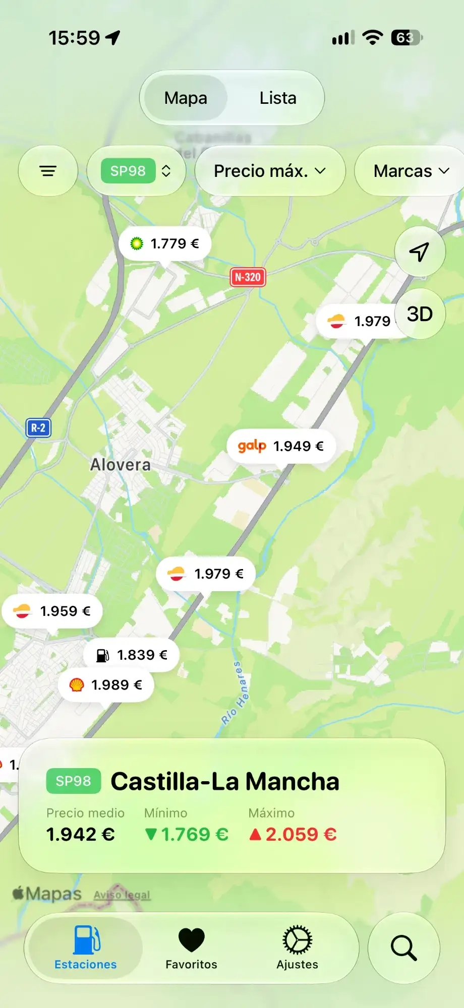 Mapa de Gazolina: les benzineres properes amb el seu preu i, a baix, el preu mitjà, el més baix i el més alt de la regió