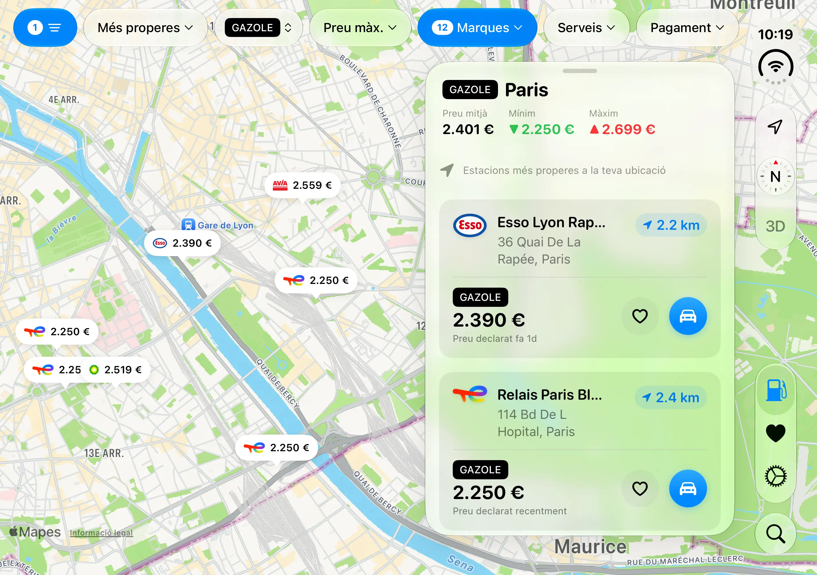 Gazolina a l’iPhone Duo: el resum de la zona, amb els preus mitjà, mínim i màxim, i les benzineres més properes