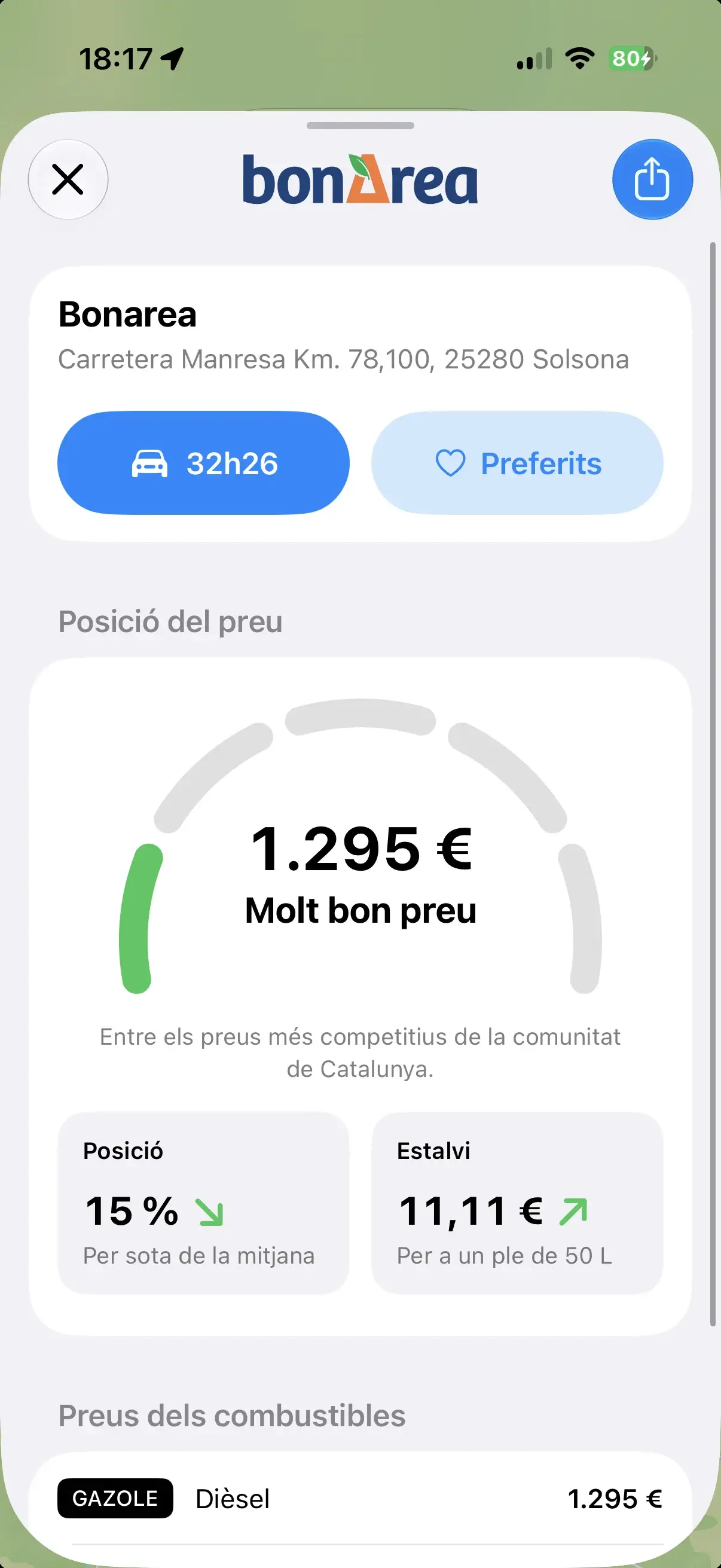 Fitxa d’una benzinera a Gazolina: logotip de la marca, nom, adreça i botó de ruta