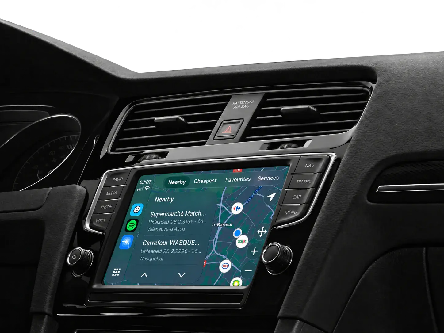 Gazolina on a car’s CarPlay screen: list of nearby stations and map