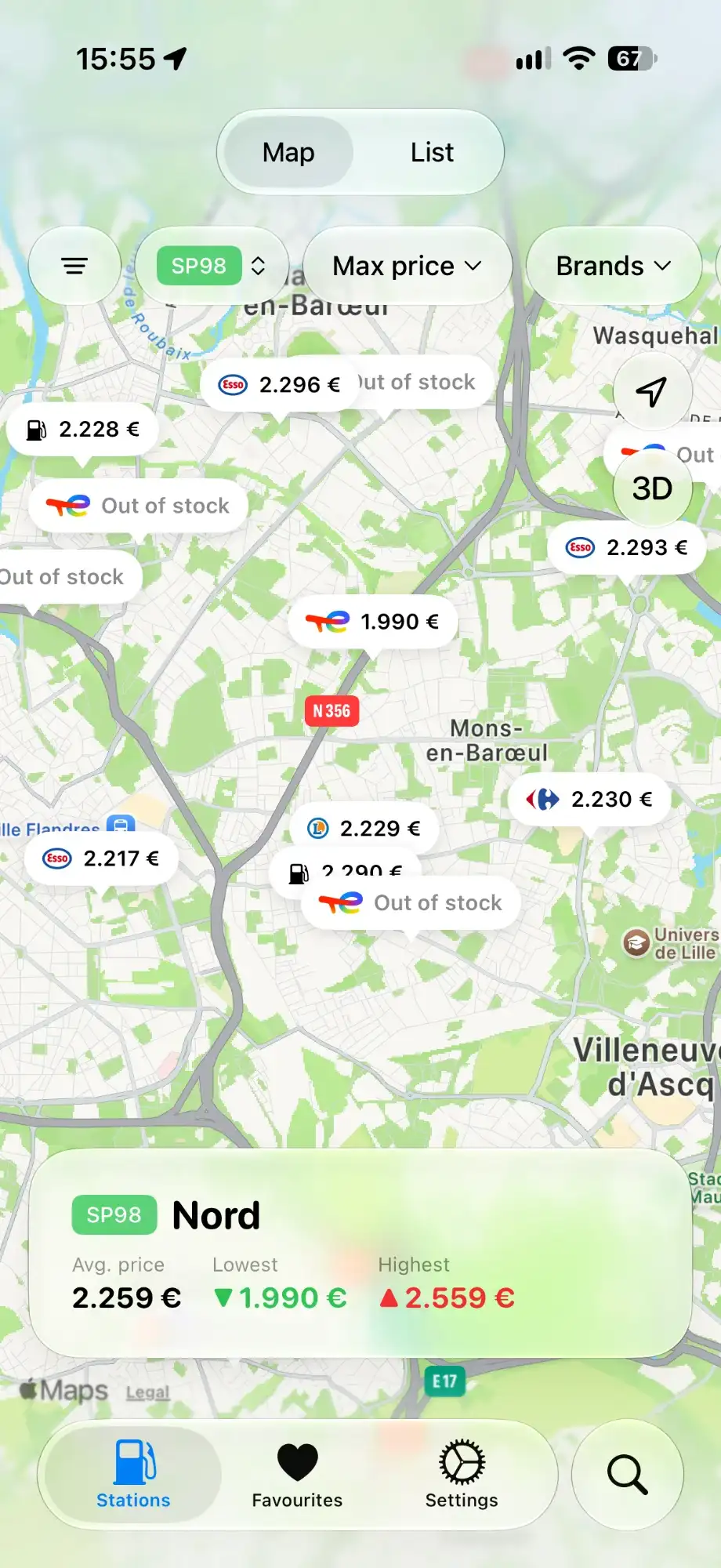 Gazolina map: nearby stations with their prices and, at the bottom, the region’s average, lowest and highest price
