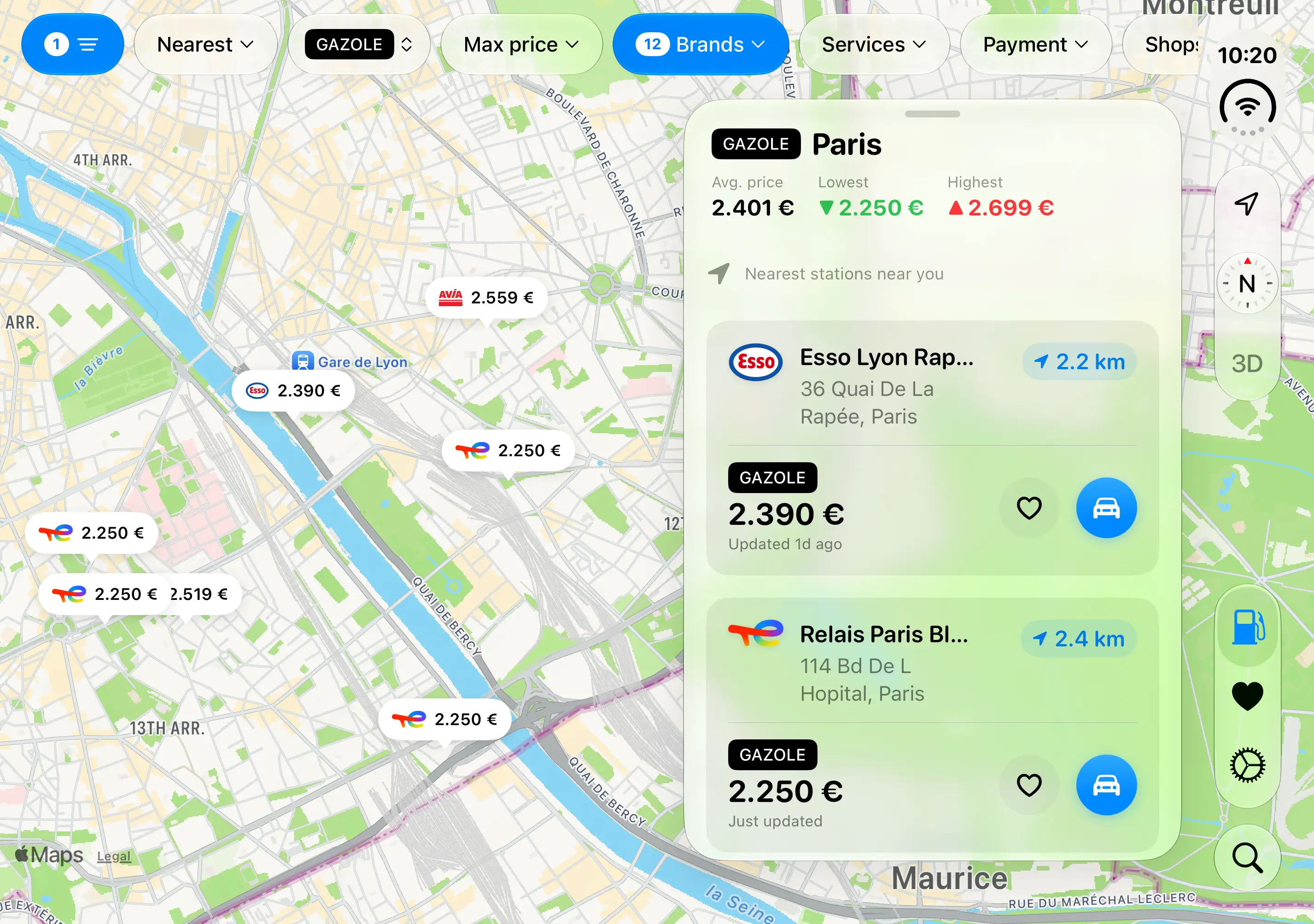 Gazolina on iPhone Duo: the area summary, with the average, lowest and highest prices, and the nearest stations