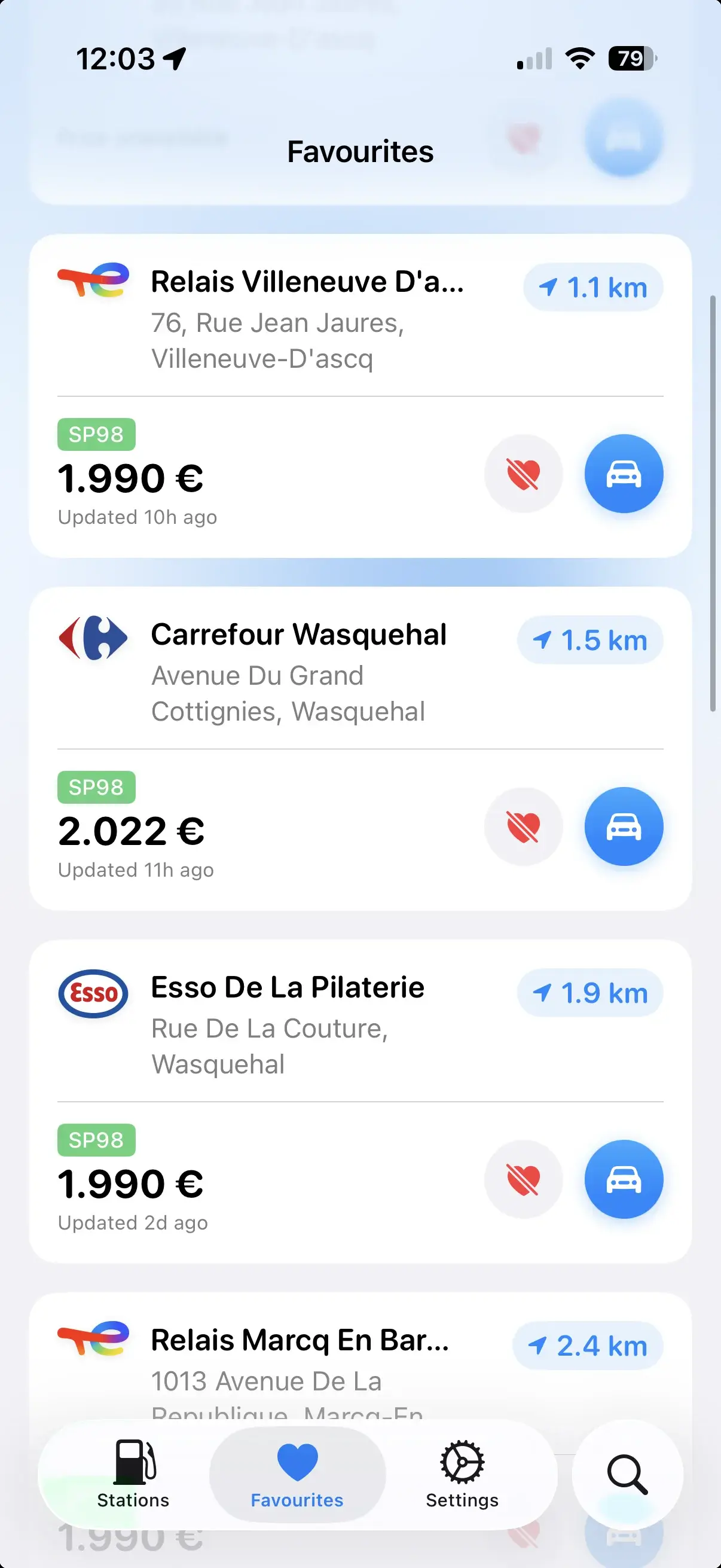 The list of favourite stations in Gazolina