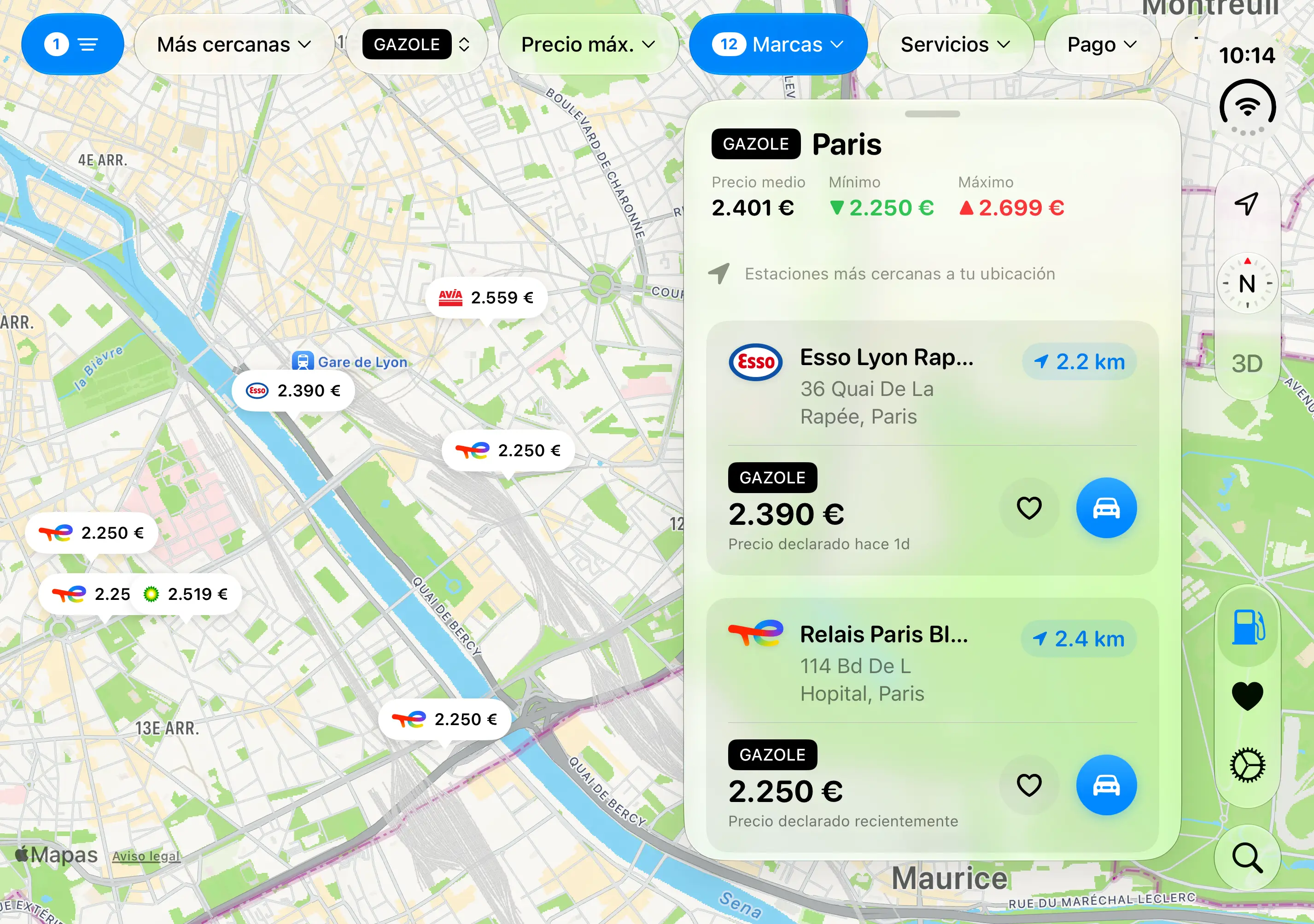 Gazolina en iPhone Duo: el resumen de la zona, con los precios medio, mínimo y máximo, y las gasolineras más cercanas