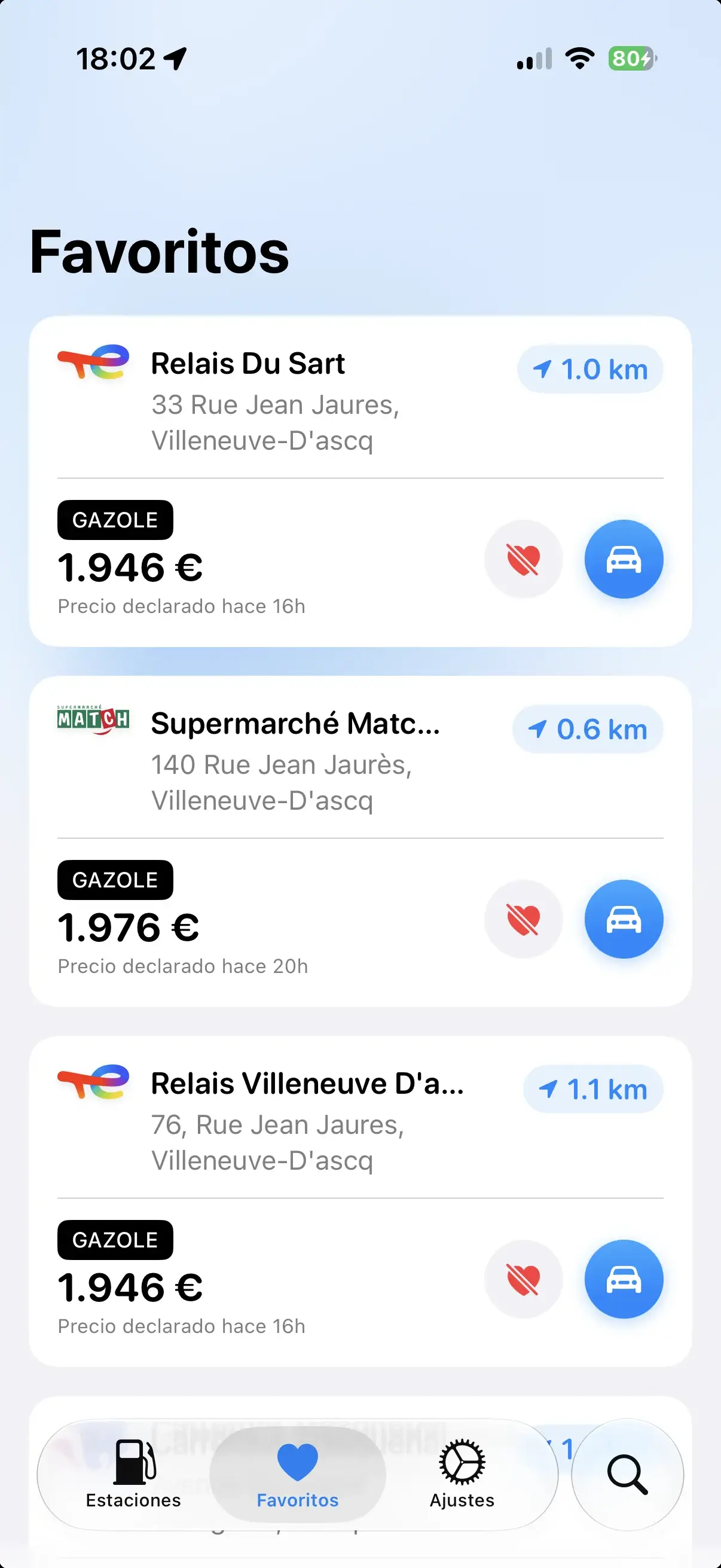 Lista de gasolineras favoritas en Gazolina