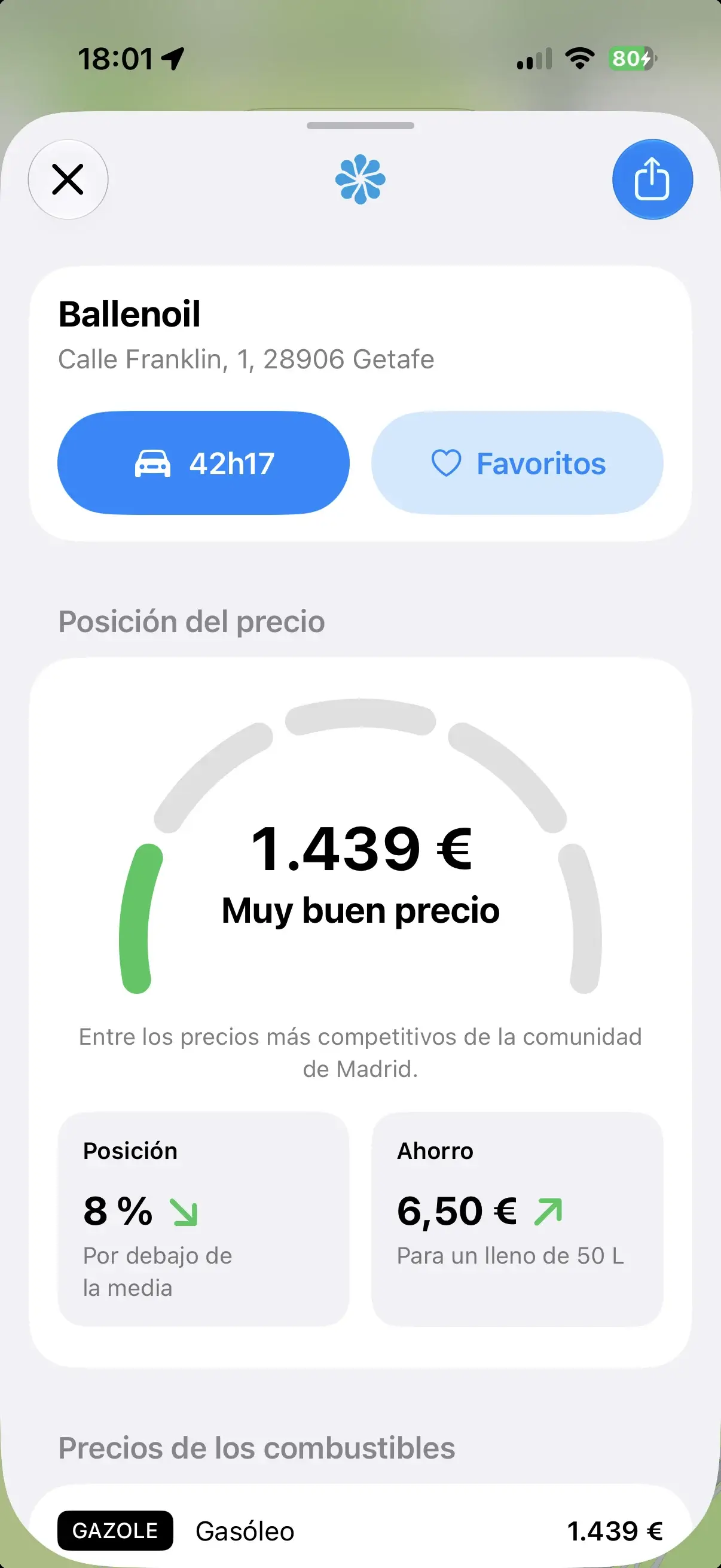 Ficha de una gasolinera en Gazolina: logotipo de la marca, nombre, dirección y botón de ruta