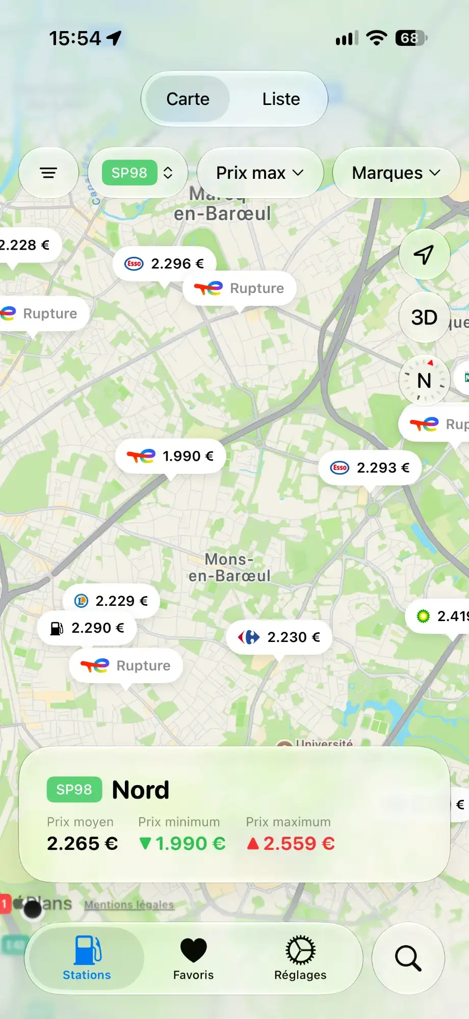 Carte de Gazolina : les stations autour de vous avec leur prix et, en bas, le prix moyen, le plus bas et le plus haut de la région
