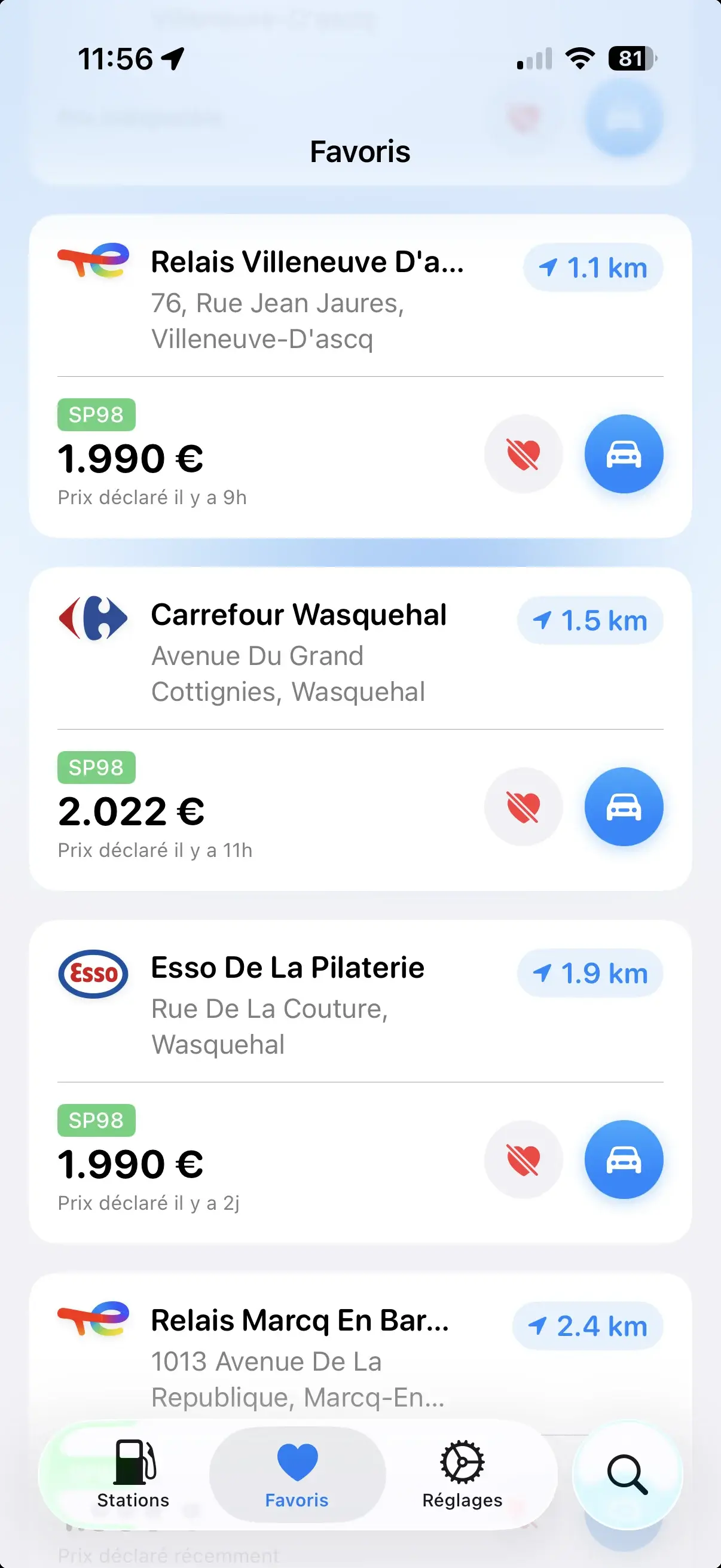 Liste des stations favorites dans Gazolina