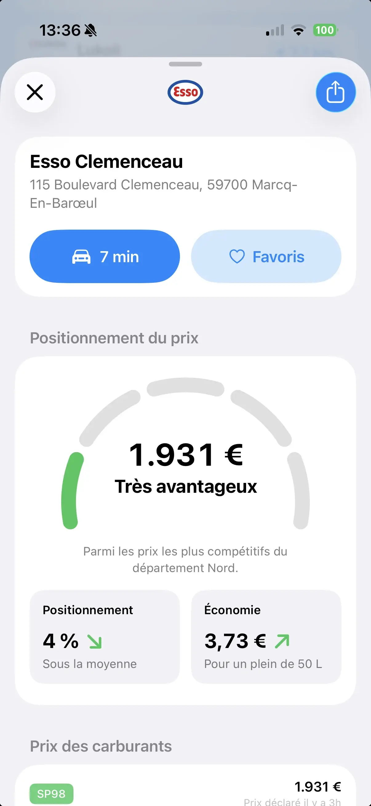 Fiche d’une station dans Gazolina : logo de la marque, nom, adresse et bouton d’itinéraire