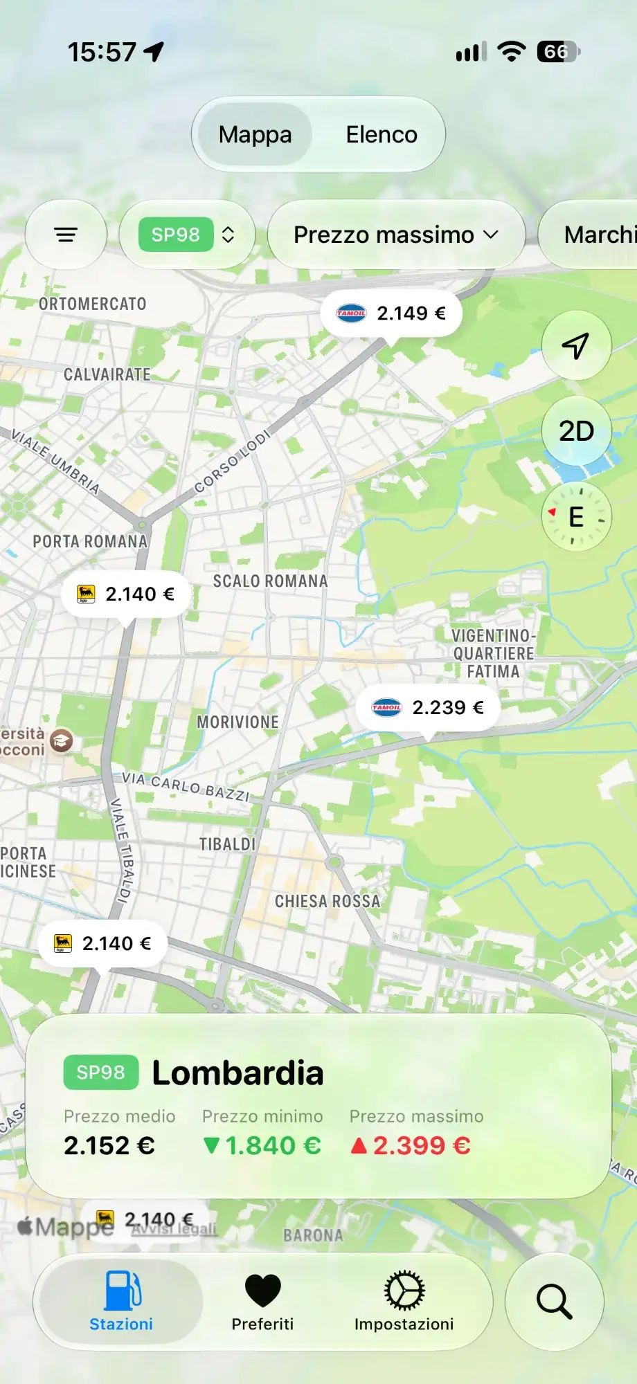 Mappa di Gazolina: i distributori vicini con il loro prezzo e, in basso, il prezzo medio, il più basso e il più alto della regione