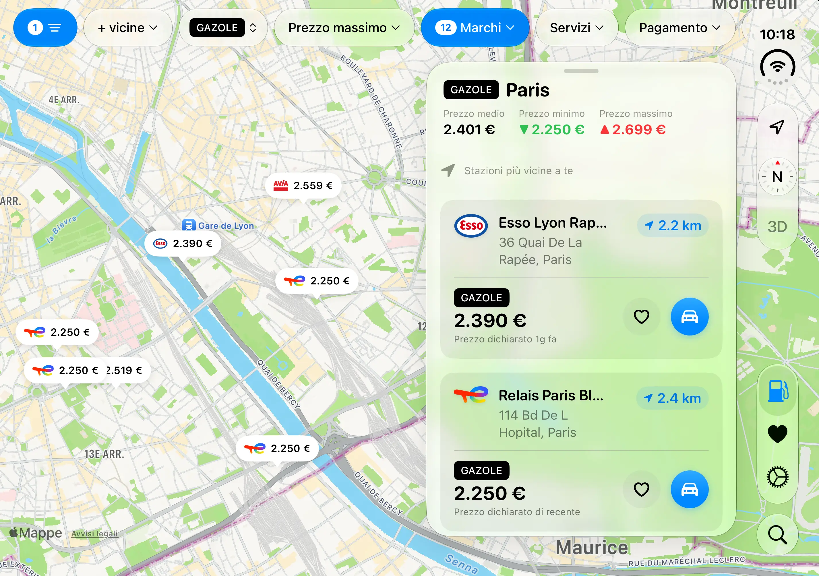 Gazolina su iPhone Duo: il riepilogo della zona, con i prezzi medio, minimo e massimo, e i distributori più vicini