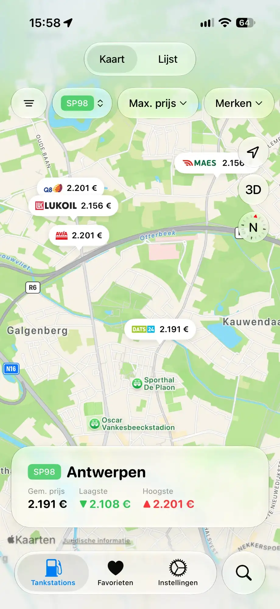 Kaart van Gazolina voor SP98: de tankstations in de buurt tonen hun merk en prijs