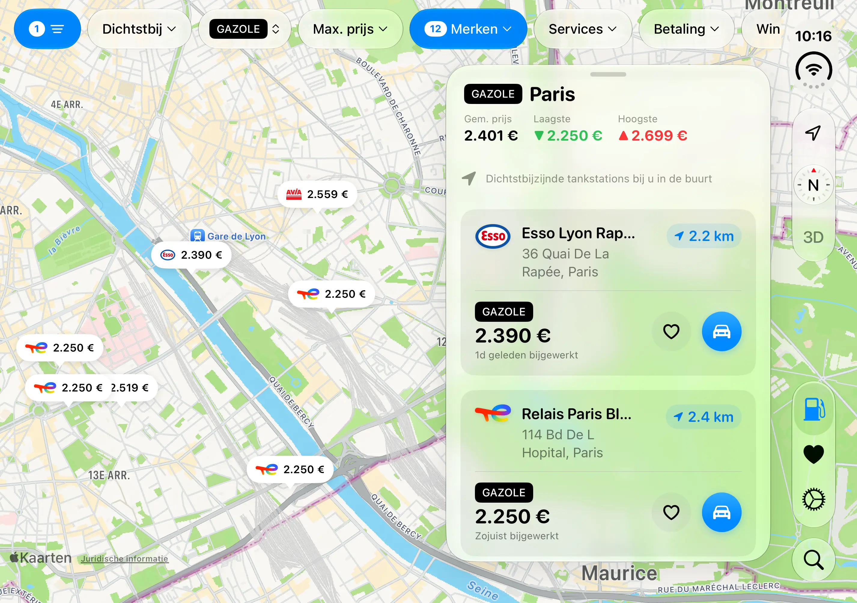 Gazolina op iPhone Duo: het overzicht van het gebied, met de gemiddelde, laagste en hoogste prijs, en de dichtstbijzijnde tankstations