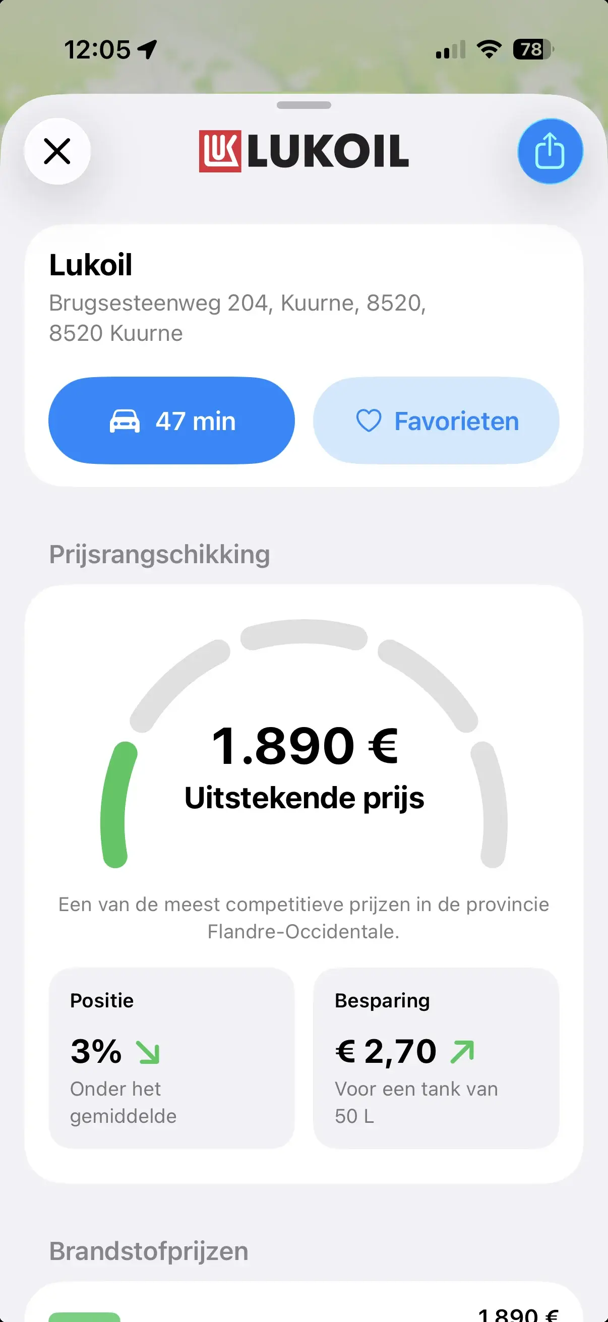Een tankstation in Gazolina: logo van het merk, naam, adres en routeknop