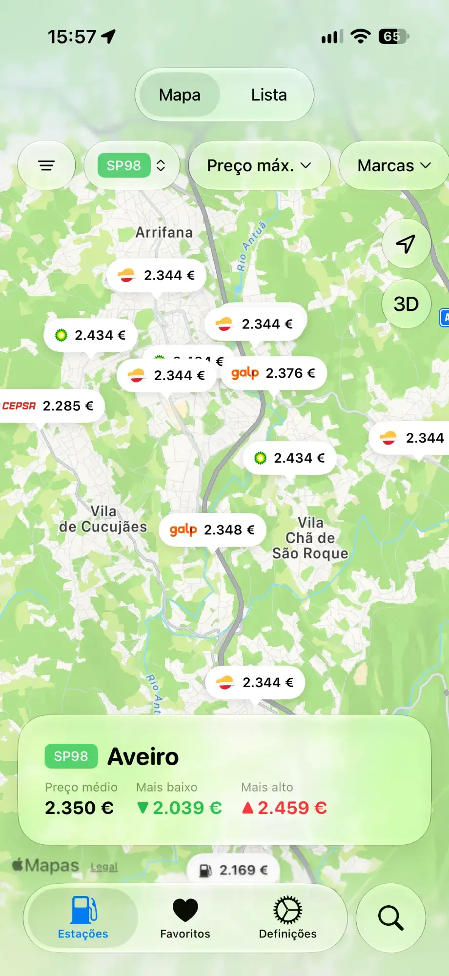 Mapa do Gazolina: os postos próximos com o seu preço e, em baixo, o preço médio, o mais baixo e o mais alto da região