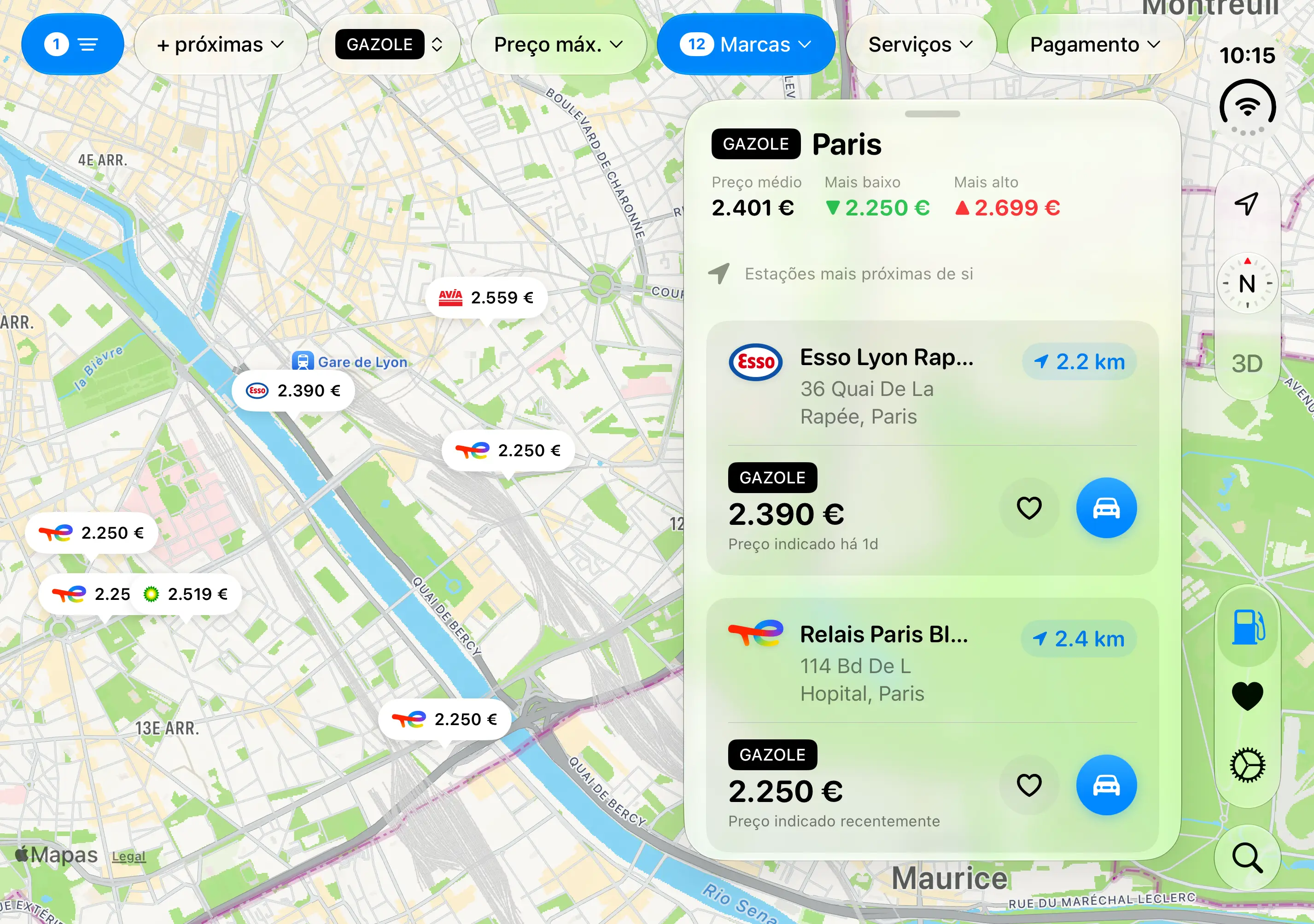 O Gazolina no iPhone Duo: o resumo da zona, com os preços médio, mínimo e máximo, e os postos mais próximos