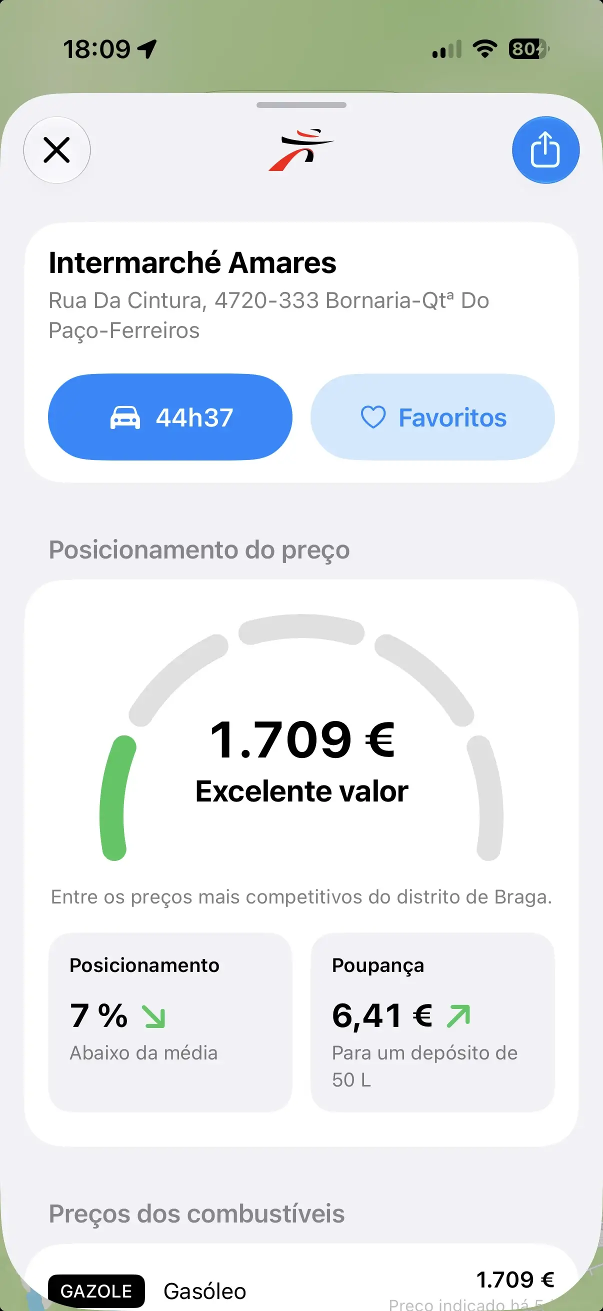 Ficha de um posto no Gazolina: logótipo da marca, nome, morada e botão de itinerário